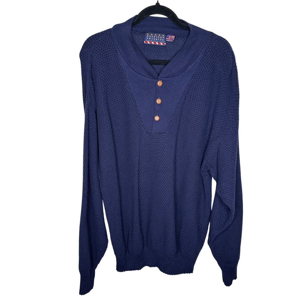 American Priority Size L Dark Blue Waffle Knit Sweater Side Button Mock Neck VTG